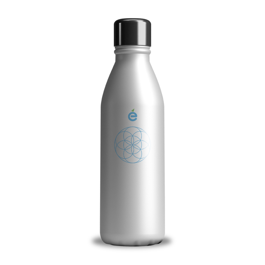 Euphoric Life aluminum water bottle with seed of life decal and Euphoric Life logo.